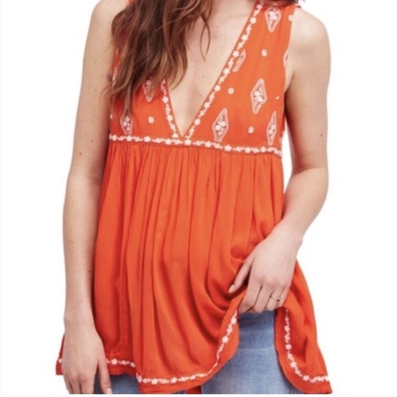Free People Orange Boho Diamond Embroidered Sleeveless Tunic Top Size Medium - Picture 1 of 12